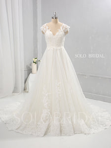 Ivory Cotton Lace A Line Wedding Dress with Capped Sleeves