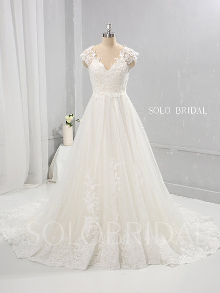 Ivory Cotton Lace A Line Wedding Dress with Capped Sleeves