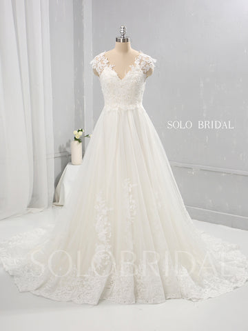 Ivory Cotton Lace A Line Wedding Dress with Capped Sleeves