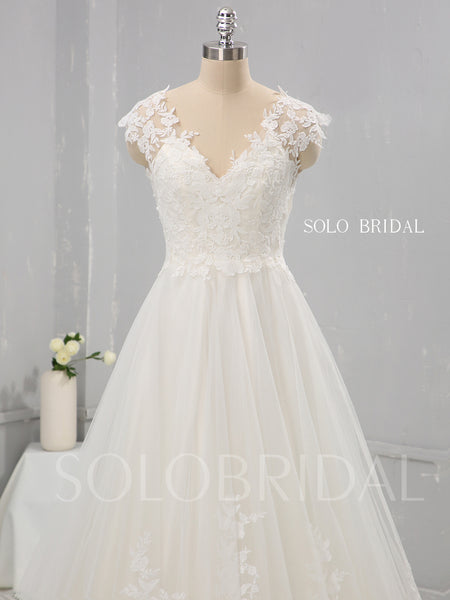 Ivory Cotton Lace A Line Wedding Dress with Capped Sleeves