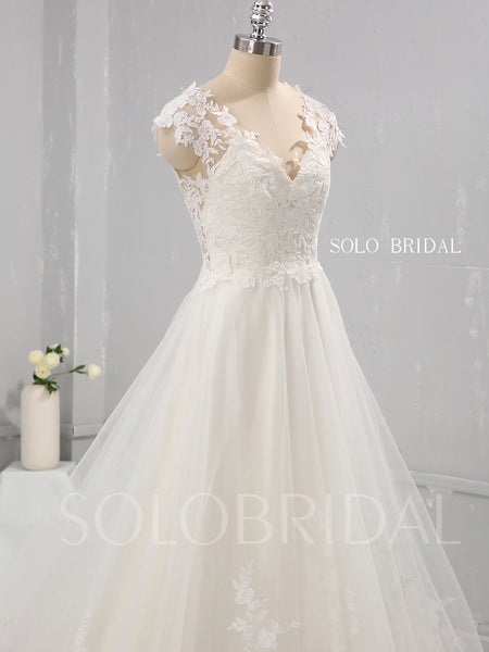 Ivory Cotton Lace A Line Wedding Dress with Capped Sleeves
