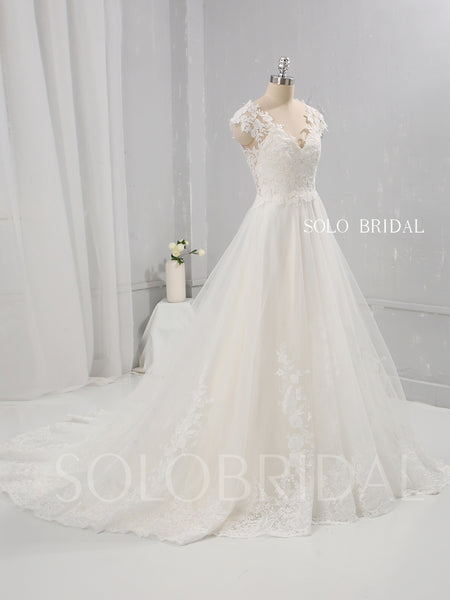 Ivory Cotton Lace A Line Wedding Dress with Capped Sleeves