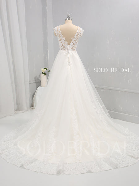Ivory Cotton Lace A Line Wedding Dress with Capped Sleeves