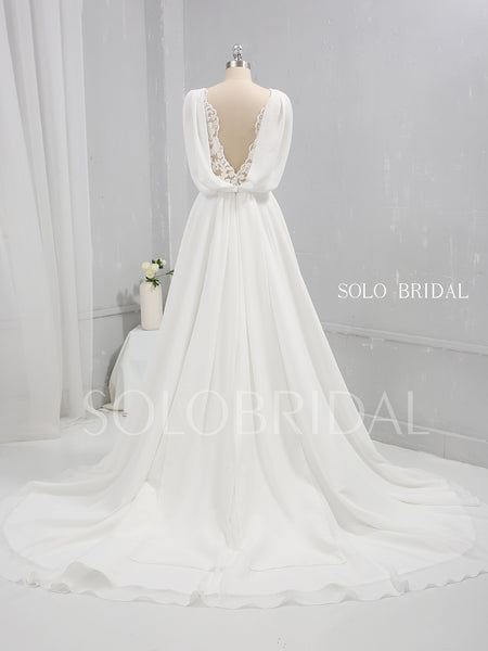 Ivory Chiffon A Line Wedding Dress with Lace and Cowl Back