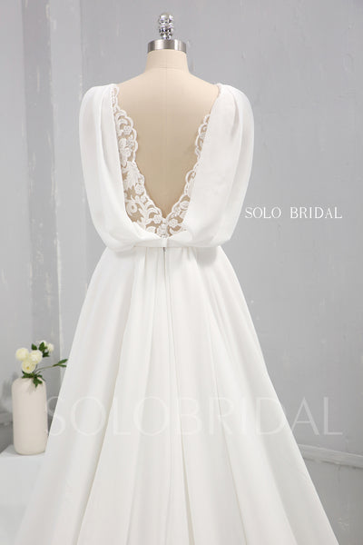 Ivory Chiffon A Line Wedding Dress with Lace and Cowl Back