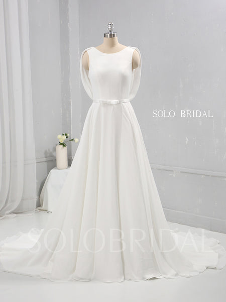 Ivory Chiffon A Line Wedding Dress with Lace and Cowl Back