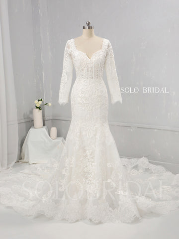 Ivory Fit and Flare Wedding Dress with Diamond Neckline and Cathedral Train