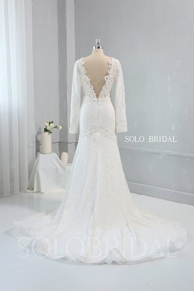 Heavily Pearl Beaded V neck Long Sleeve Wedding Dress with Cathedral Train