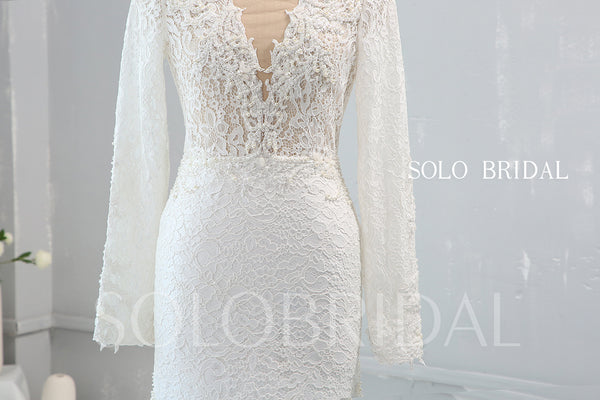 Heavily Pearl Beaded V neck Long Sleeve Wedding Dress with Cathedral Train