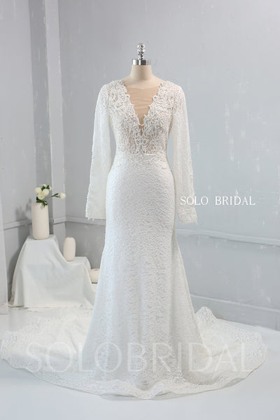 Heavily Pearl Beaded V neck Long Sleeve Wedding Dress with Cathedral Train