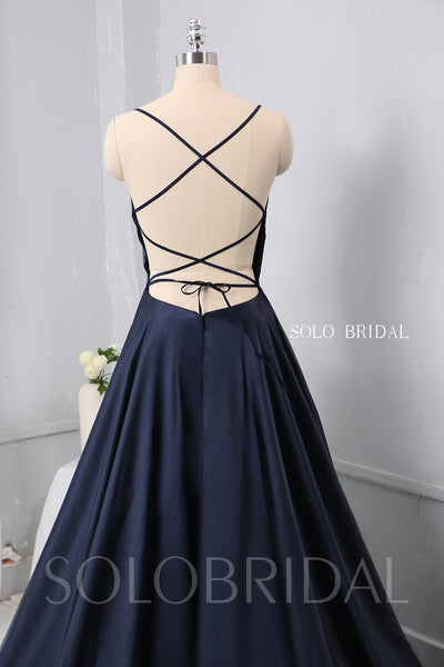 Dark Blue A Line plain Satin Dress Bridesmaid Dress