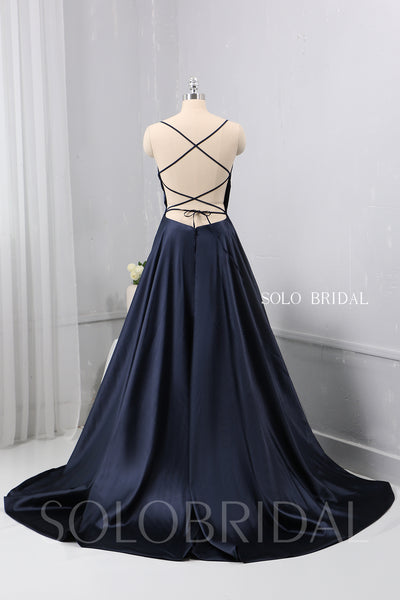 Dark Blue A Line plain Satin Dress Bridesmaid Dress