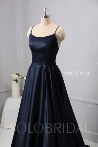 Dark Blue A Line plain Satin Dress Bridesmaid Dress