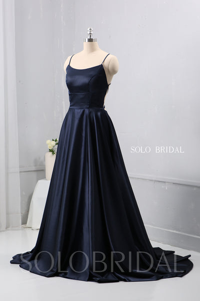 Dark Blue A Line plain Satin Dress Bridesmaid Dress