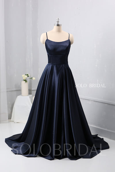 Dark Blue A Line plain Satin Dress Bridesmaid Dress