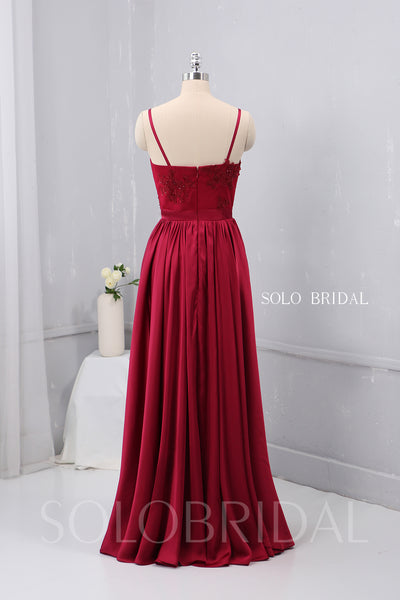 V Neck Thin Straps Wine Red Silk Like Chiffon Bridesmaid Dress