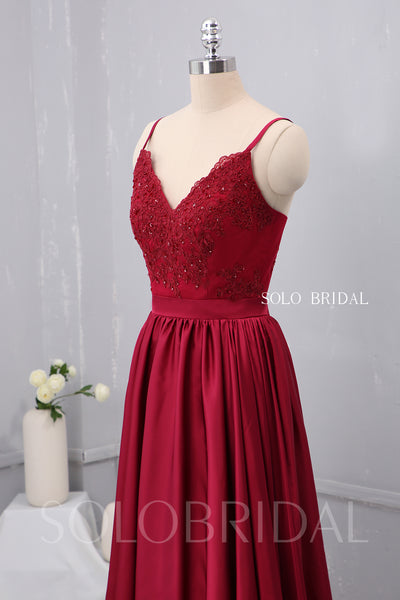 V Neck Thin Straps Wine Red Silk Like Chiffon Bridesmaid Dress
