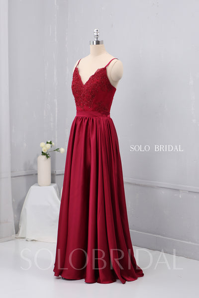 V Neck Thin Straps Wine Red Silk Like Chiffon Bridesmaid Dress