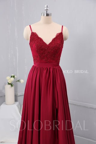 V Neck Thin Straps Wine Red Silk Like Chiffon Bridesmaid Dress