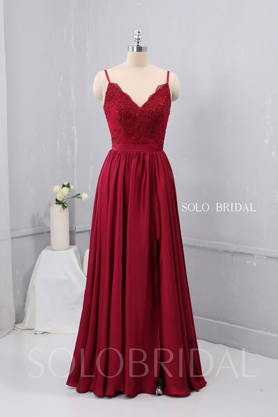 V Neck Thin Straps Wine Red Silk Like Chiffon Bridesmaid Dress