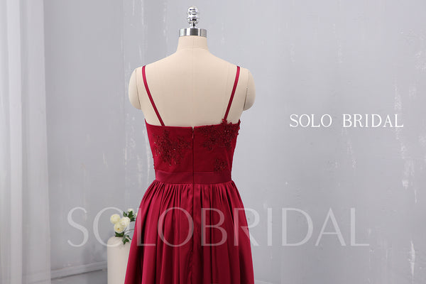 V Neck Thin Straps Wine Red Silk Like Chiffon Bridesmaid Dress