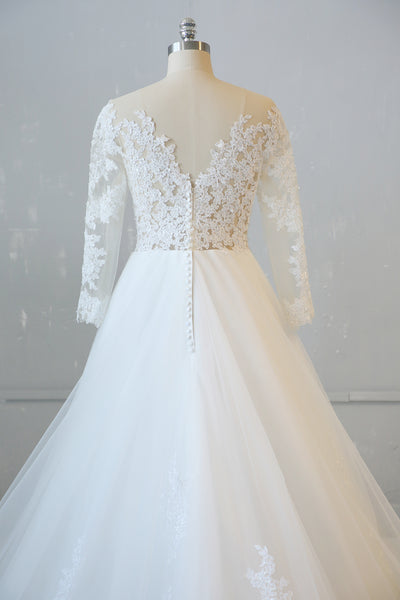 Ivory A Line Long Sleeves Chapel Train French Lace Wedding Dress