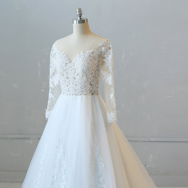 Ivory A Line Long Sleeves Chapel Train French Lace Wedding Dress