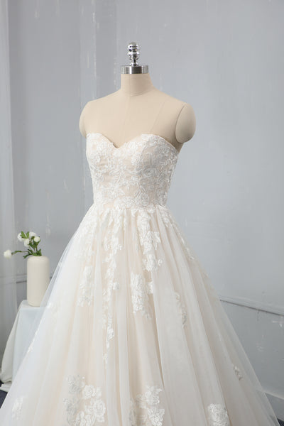 Champagne A Line Sweetheart Sweep Train Wedding Dress