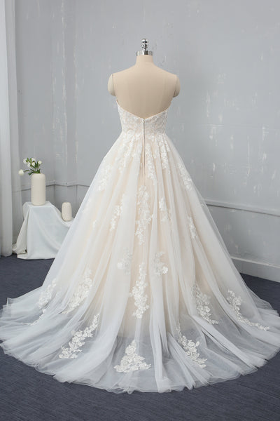 Champagne A Line Sweetheart Sweep Train Wedding Dress