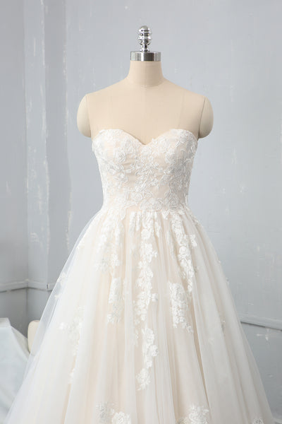 Champagne A Line Sweetheart Sweep Train Wedding Dress