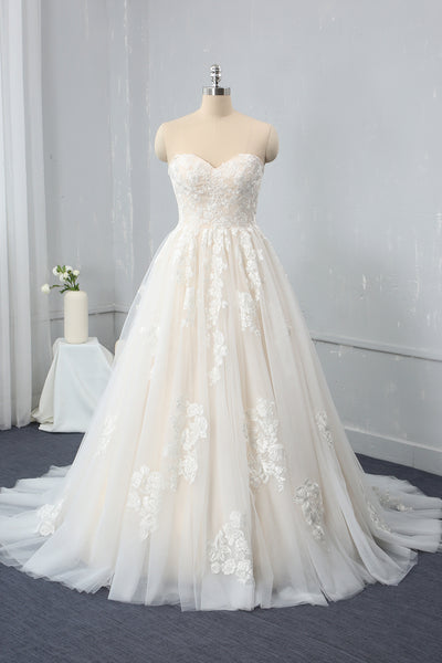 Champagne A Line Sweetheart Sweep Train Wedding Dress