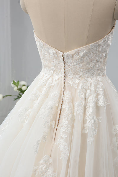 Champagne A Line Sweetheart Sweep Train Wedding Dress