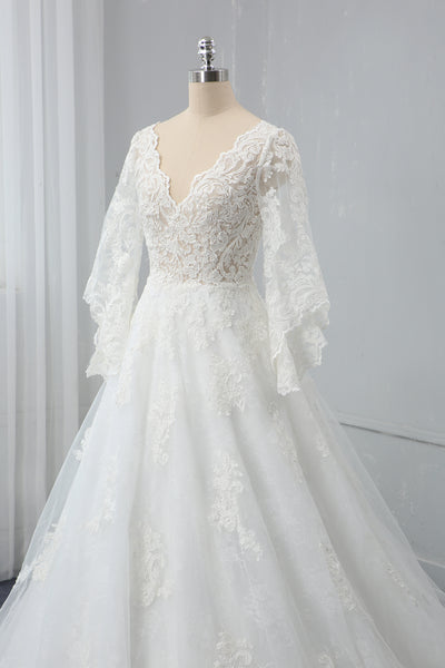 Ivory A Line V Neck Long Mandarin Sleeve Wedding Dress