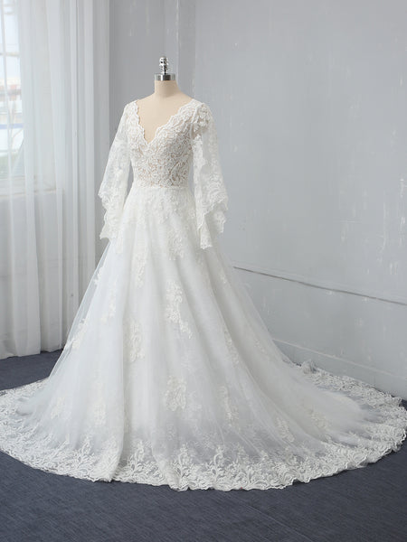 Ivory A Line V Neck Long Mandarin Sleeve Wedding Dress