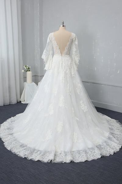 Ivory A Line V Neck Long Mandarin Sleeve Wedding Dress