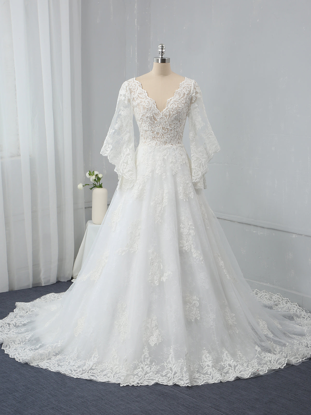 Ivory A Line V Neck Long Mandarin Sleeve Wedding Dress