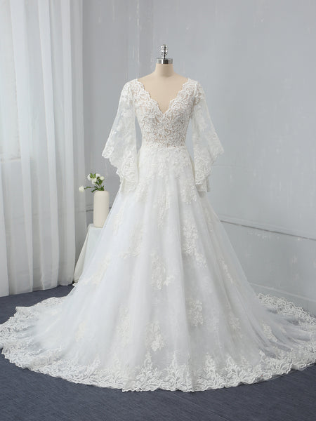 Ivory A Line V Neck Long Mandarin Sleeve Wedding Dress