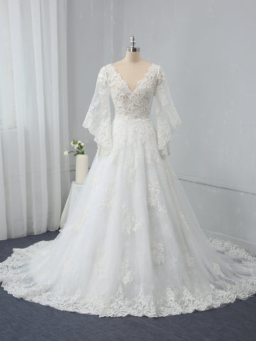 Ivory A Line V Neck Long Mandarin Sleeve Wedding Dress