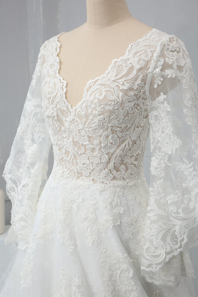 Ivory A Line V Neck Long Mandarin Sleeve Wedding Dress