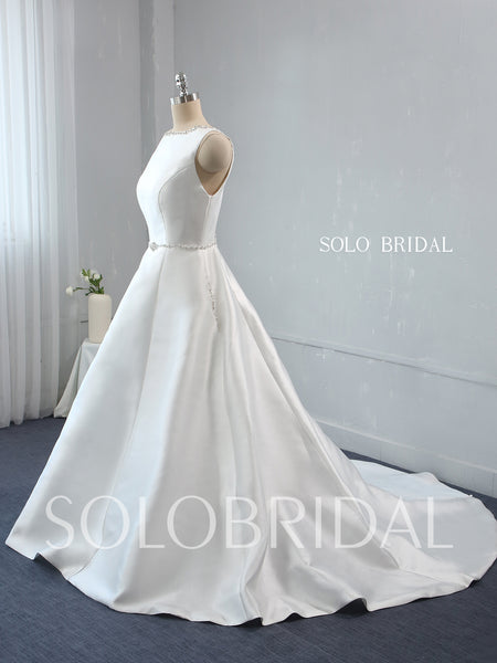 A Line Boat Neckline Ivory Silk Satin Diamonds Wedding Dress