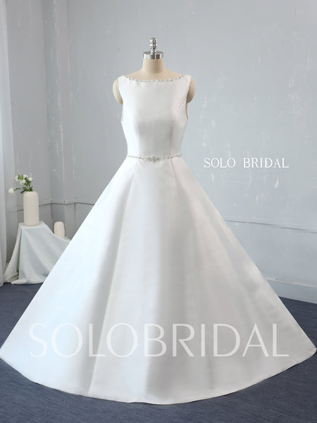 A Line Boat Neckline Ivory Silk Satin Diamonds Wedding Dress