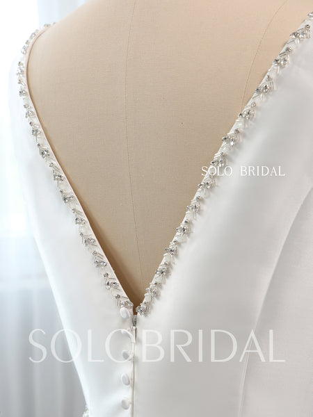 A Line Boat Neckline Ivory Silk Satin Diamonds Wedding Dress