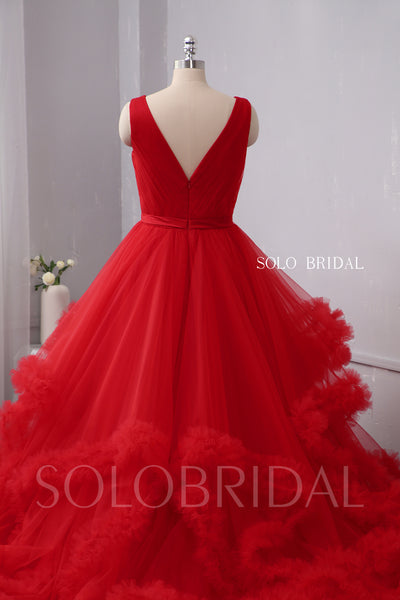 Red V Neck Ruffles Ball Gown Wedding Dress