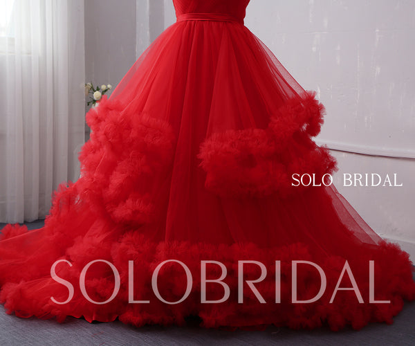 Red V Neck Ruffles Ball Gown Wedding Dress