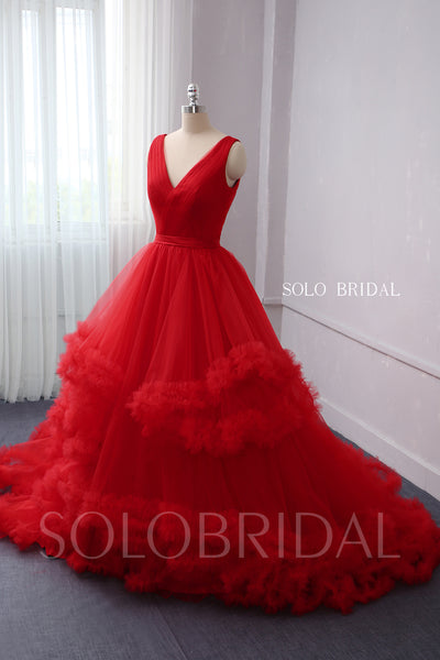 Red V Neck Ruffles Ball Gown Wedding Dress