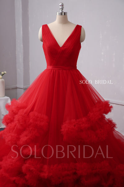 Red V Neck Ruffles Ball Gown Wedding Dress