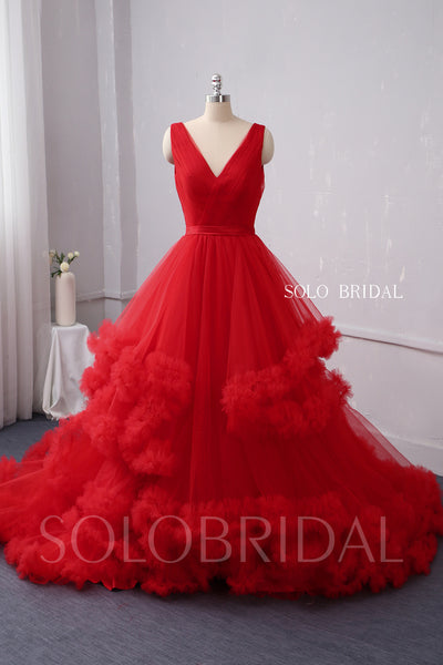 Red V Neck Ruffles Ball Gown Wedding Dress