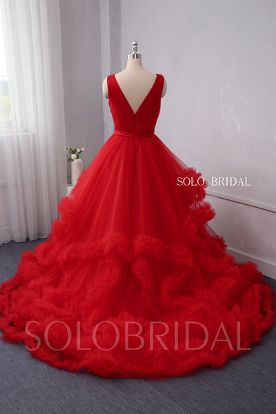 Red V Neck Ruffles Ball Gown Wedding Dress