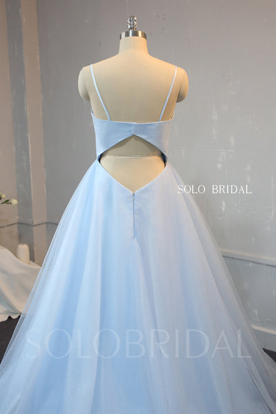 A Line Baby Blue Satin and Shiny Tulle Prom Dress
