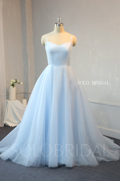 A Line Baby Blue Satin and Shiny Tulle Prom Dress